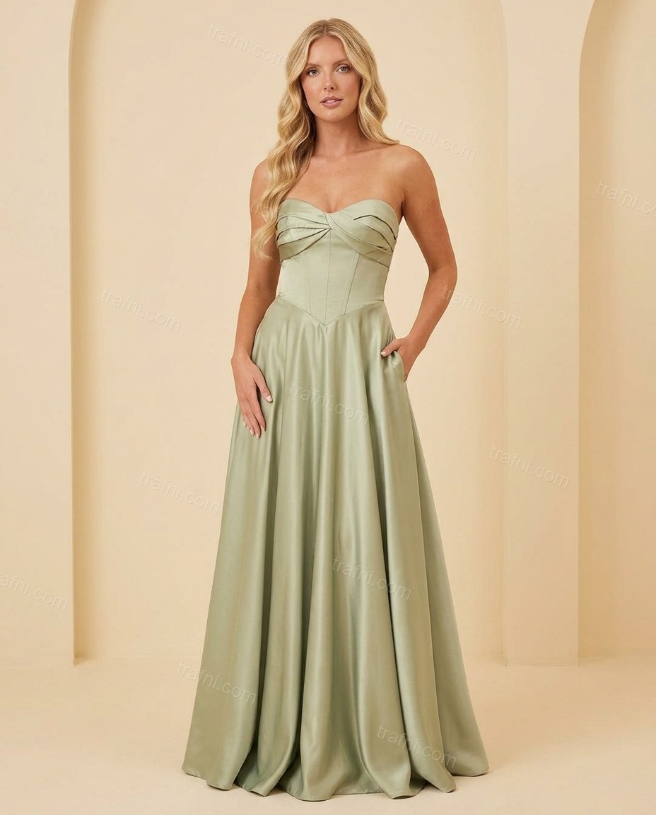 Sage Green Strapless Satin Bottom, full-length hero view, by trafni.com