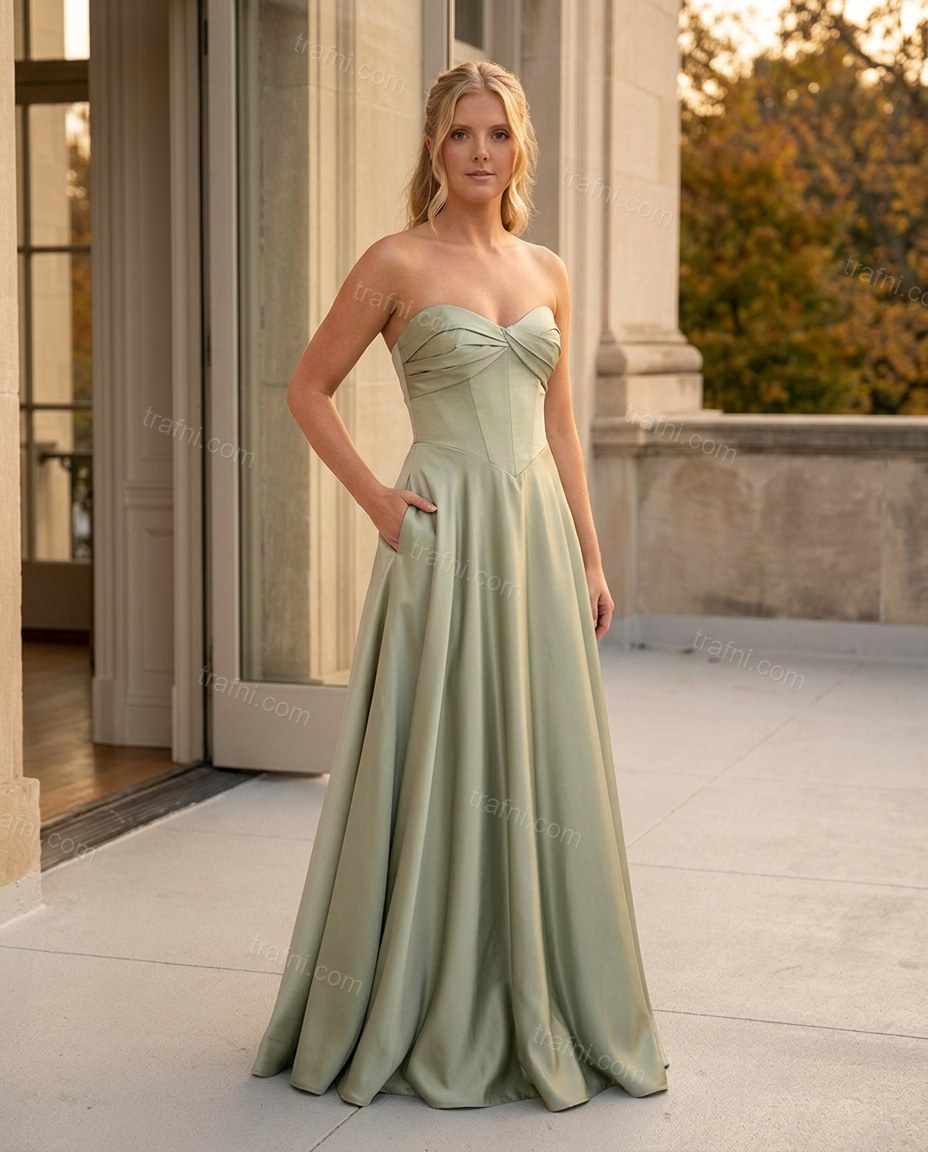 Sage Green Strapless Satin Bottom, movement and fit lifestyle view, by trafni.com