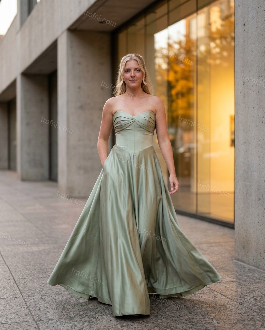Sage Green Strapless Satin Bottom, walking lifestyle view, by trafni.com