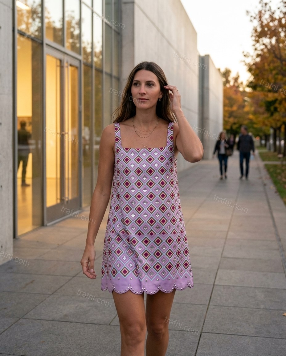 Lavender Geometric Mini Dress, movement and fit lifestyle view, by trafni.com