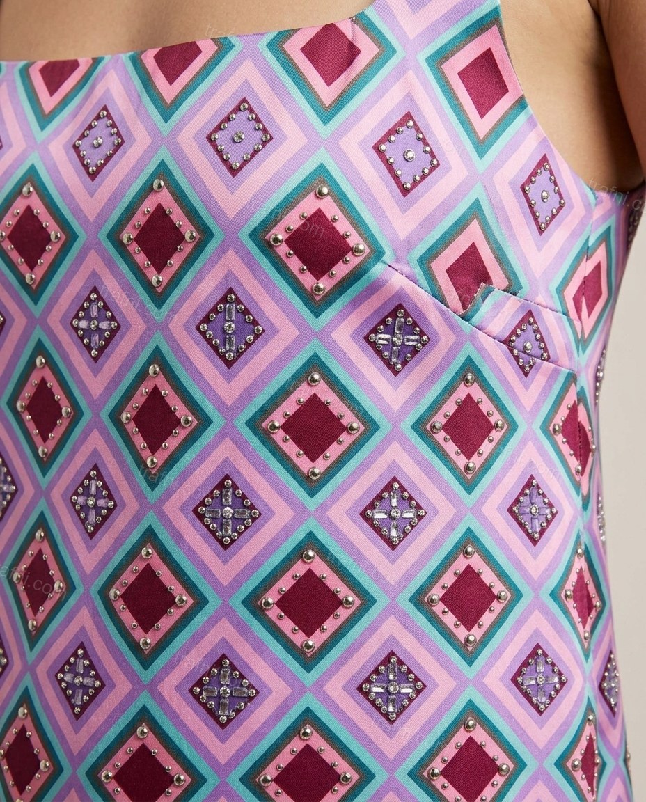 Lavender Geometric Mini Dress, close-up of geometric and scalloped hem, by trafni.com