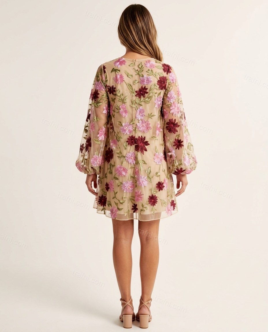Beige Floral Mini Embroidered Dress, back studio view, by trafni.com