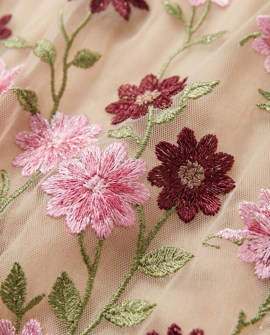 Beige Floral Mini Embroidered Dress, close-up of floral embroidery, by trafni.com