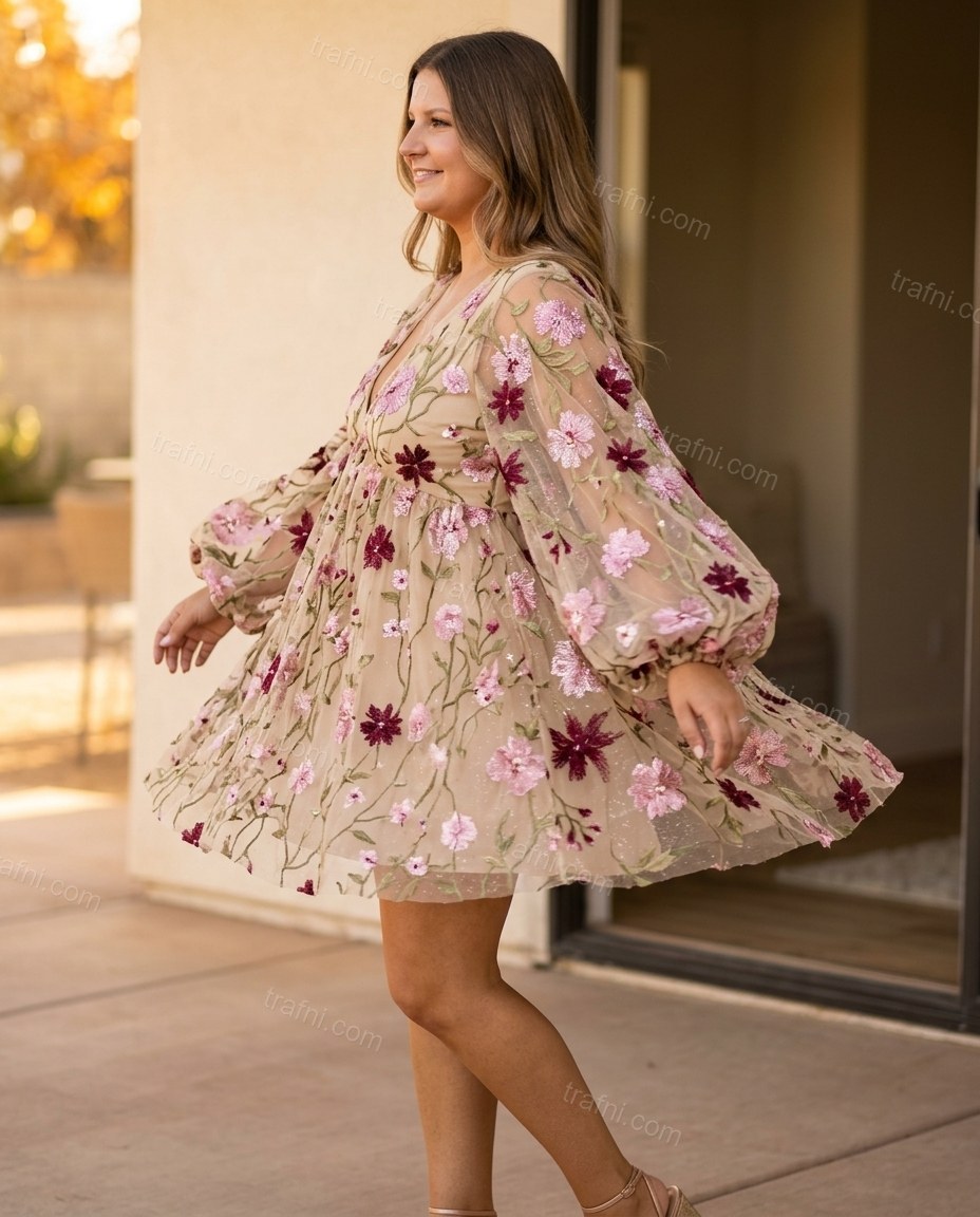 Beige Floral Mini Embroidered Dress, walking lifestyle view, by trafni.com