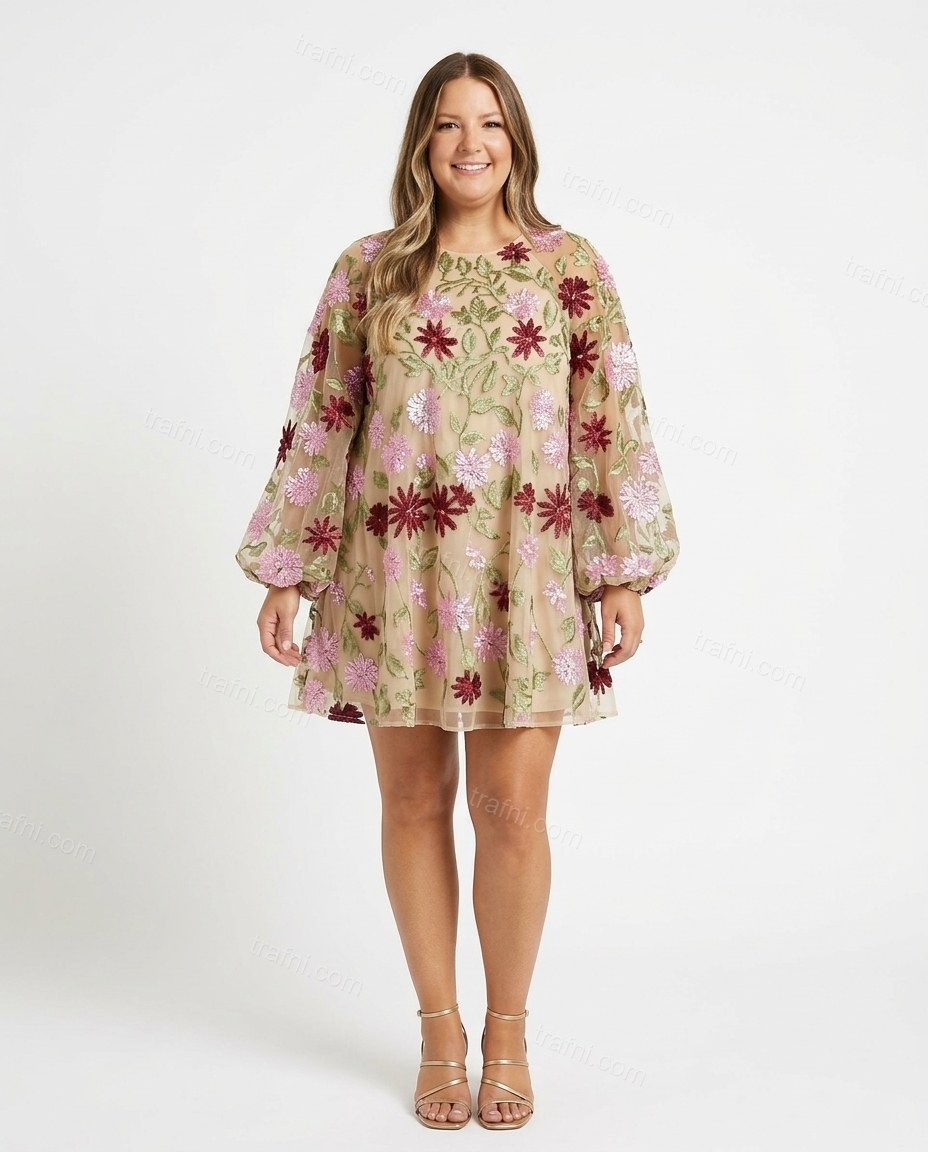 Beige Floral Mini Embroidered Dress, front studio view, by trafni.com