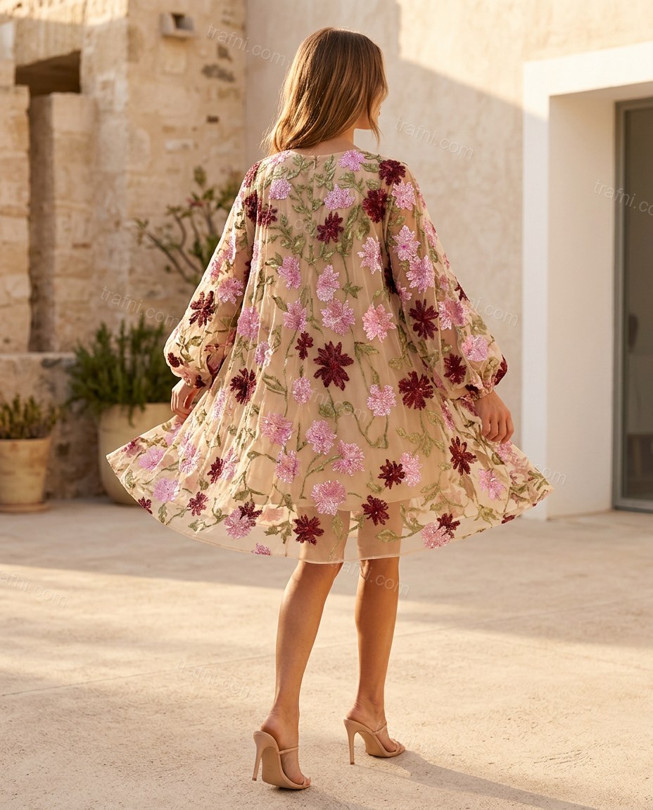 Beige Floral Mini Embroidered Dress, alternate use-case lifestyle view, by trafni.com