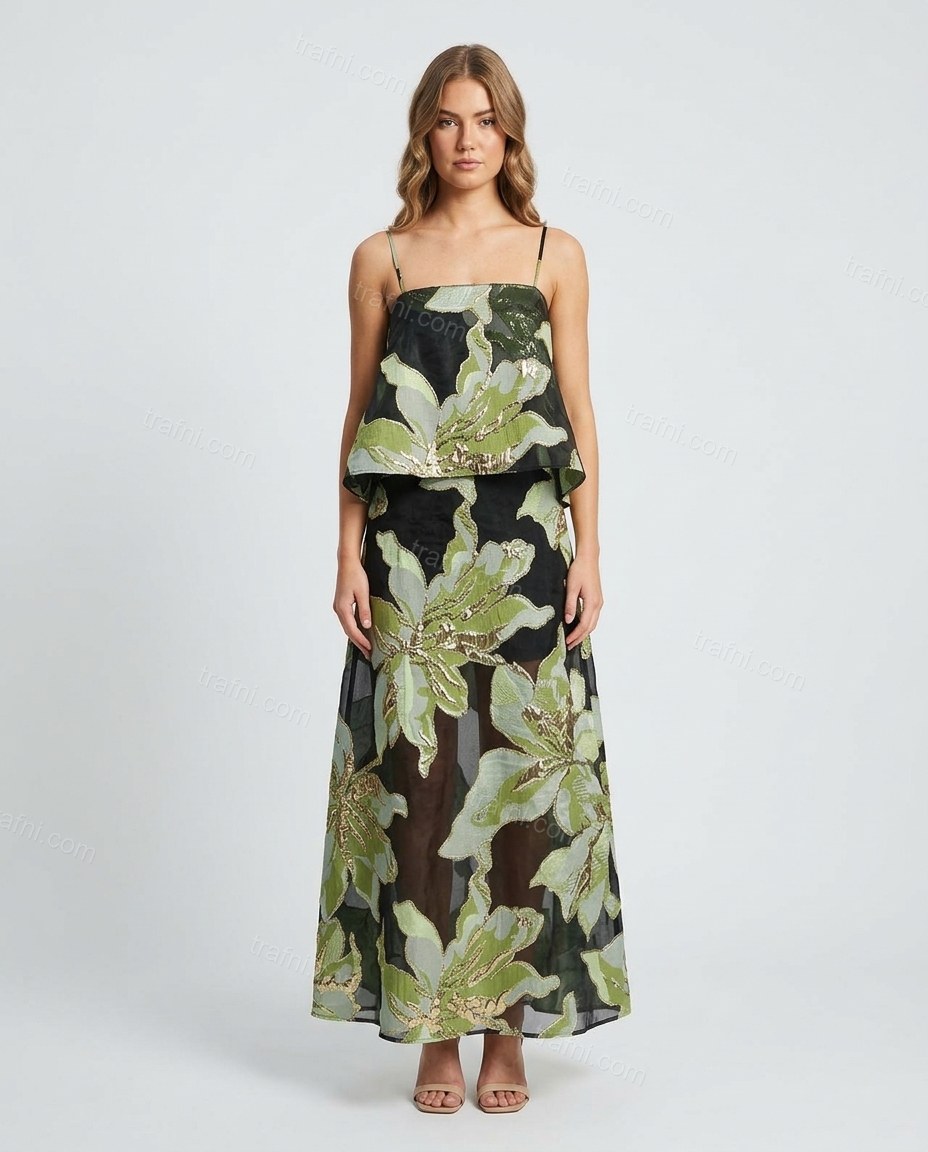 Green Floral Maxi Peplum Top & Skirt Set, front studio view, by trafni.com