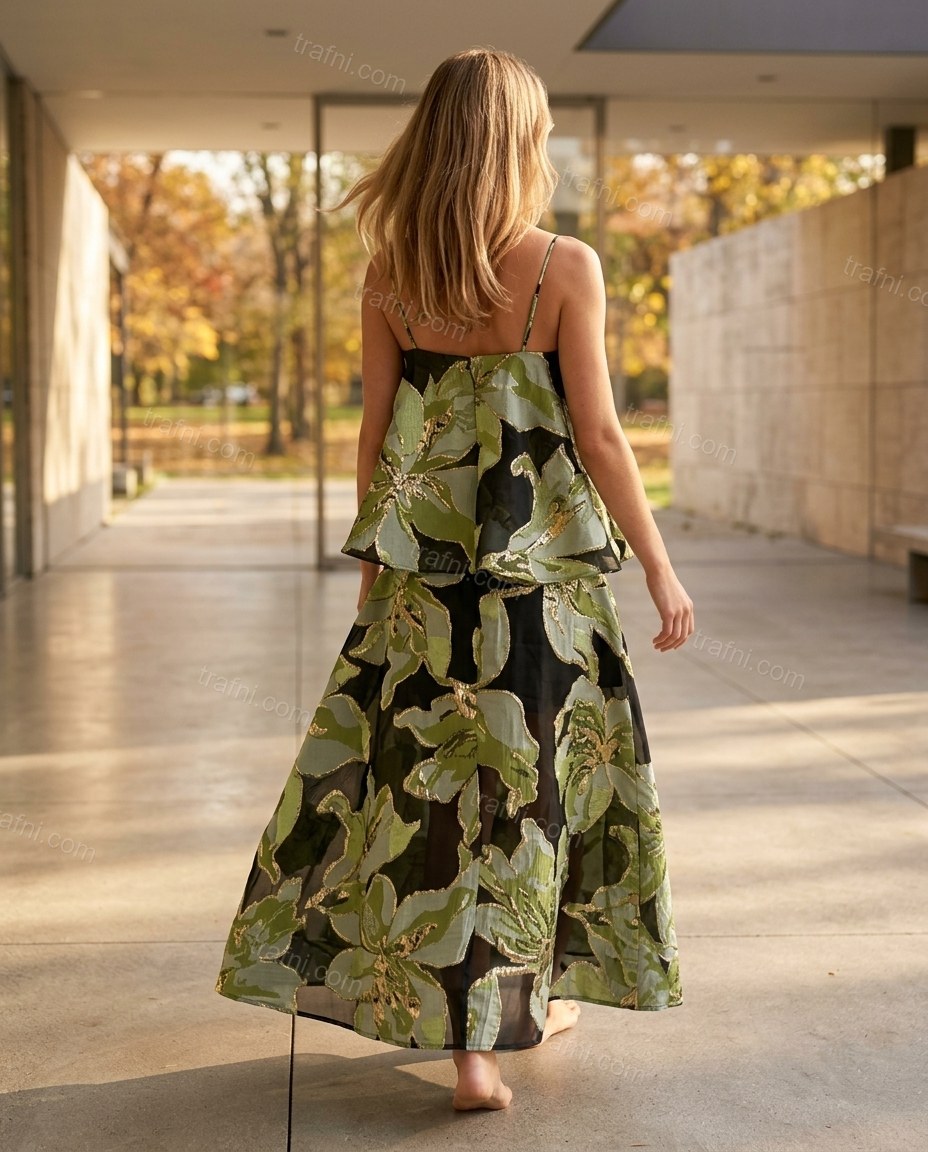 Green Floral Maxi Peplum Top & Skirt Set, movement and fit lifestyle view, by trafni.com
