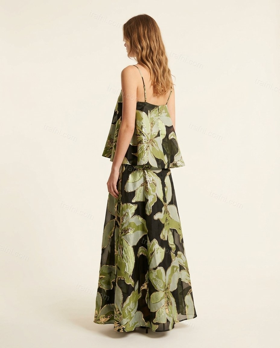 Green Floral Maxi Peplum Top & Skirt Set, back studio view showing no visible back details, by trafni.com