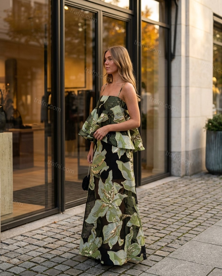 Green Floral Maxi Peplum Top & Skirt Set, three-quarter brand lifestyle view, by trafni.com