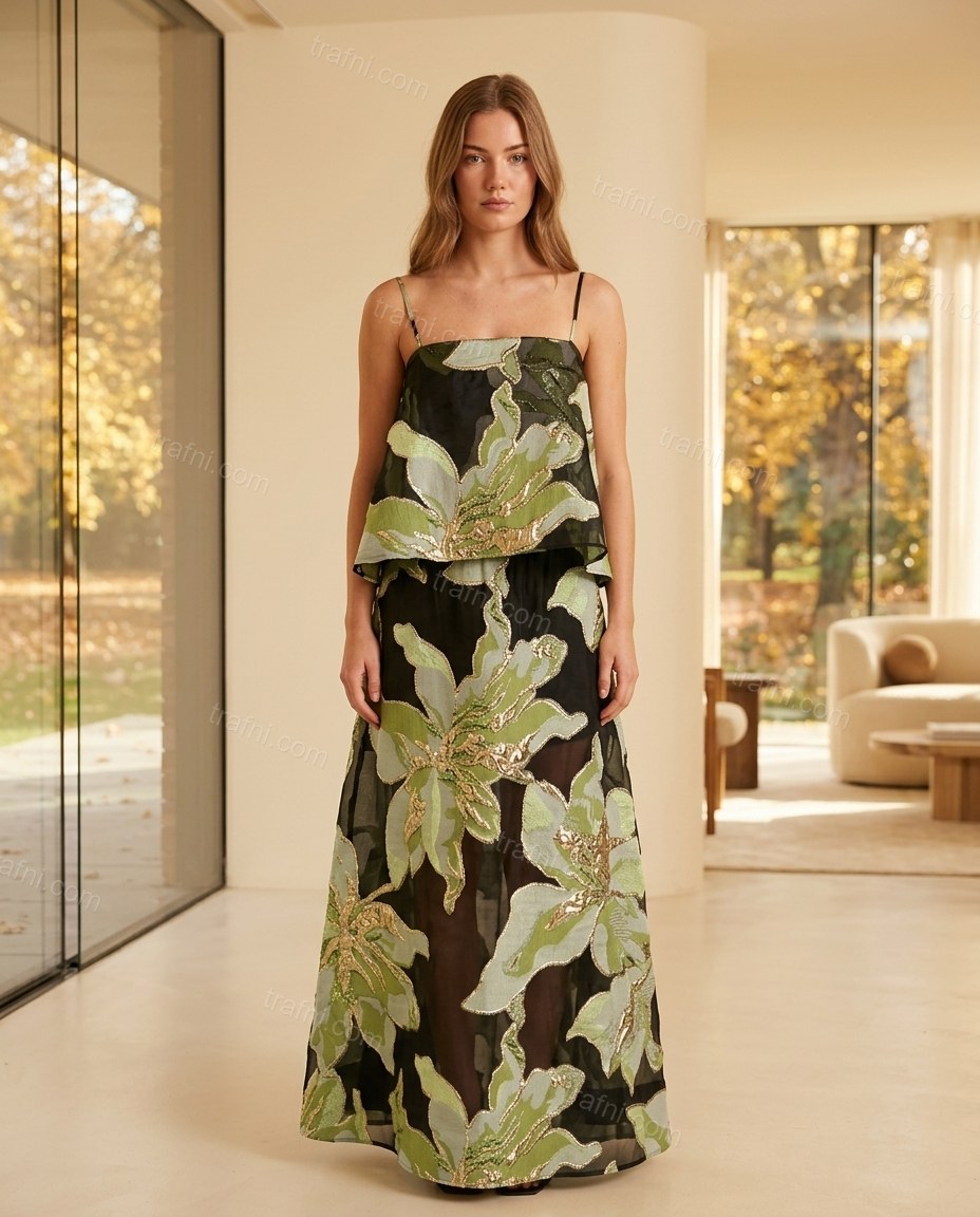 Green Floral Maxi Peplum Top & Skirt Set, full-length hero view, by trafni.com