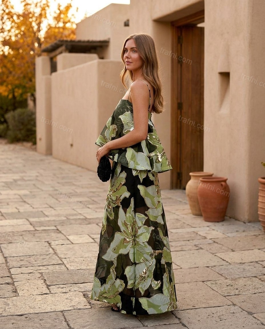 Green Floral Maxi Peplum Top & Skirt Set, walking lifestyle view, by trafni.com