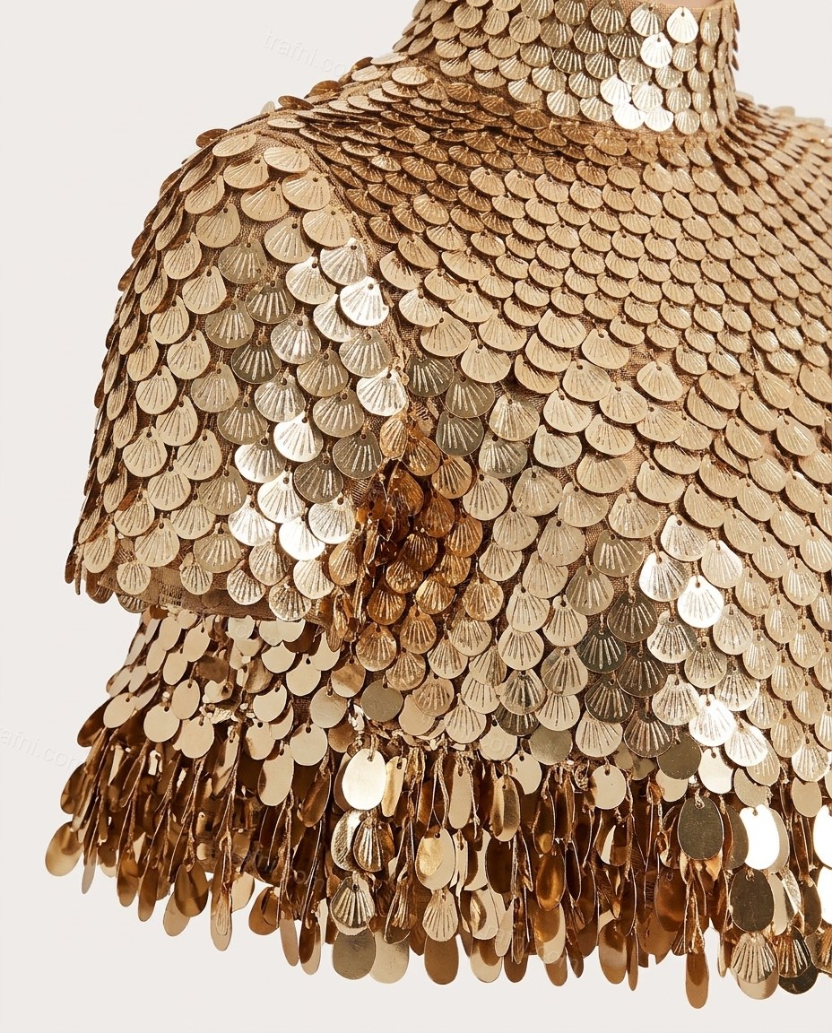 Gold Mini Ruffled Dress, close-up of all-over sequin embellishment, ruffled hem and high neck, by trafni.com