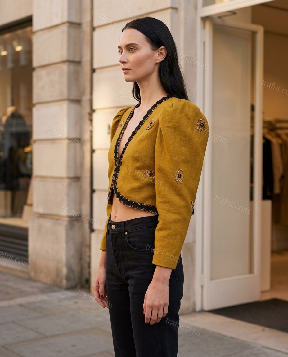 Mustard Yellow Embroidered Top, walking lifestyle view, by trafni.com