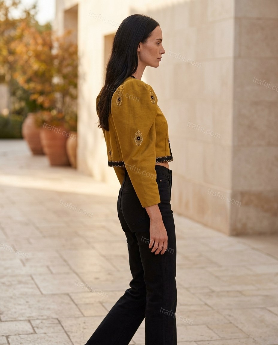 Mustard Yellow Embroidered Top, movement and fit lifestyle view, by trafni.com