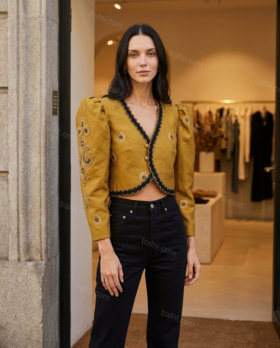 Mustard Yellow Embroidered Top, three-quarter brand lifestyle view, by trafni.com