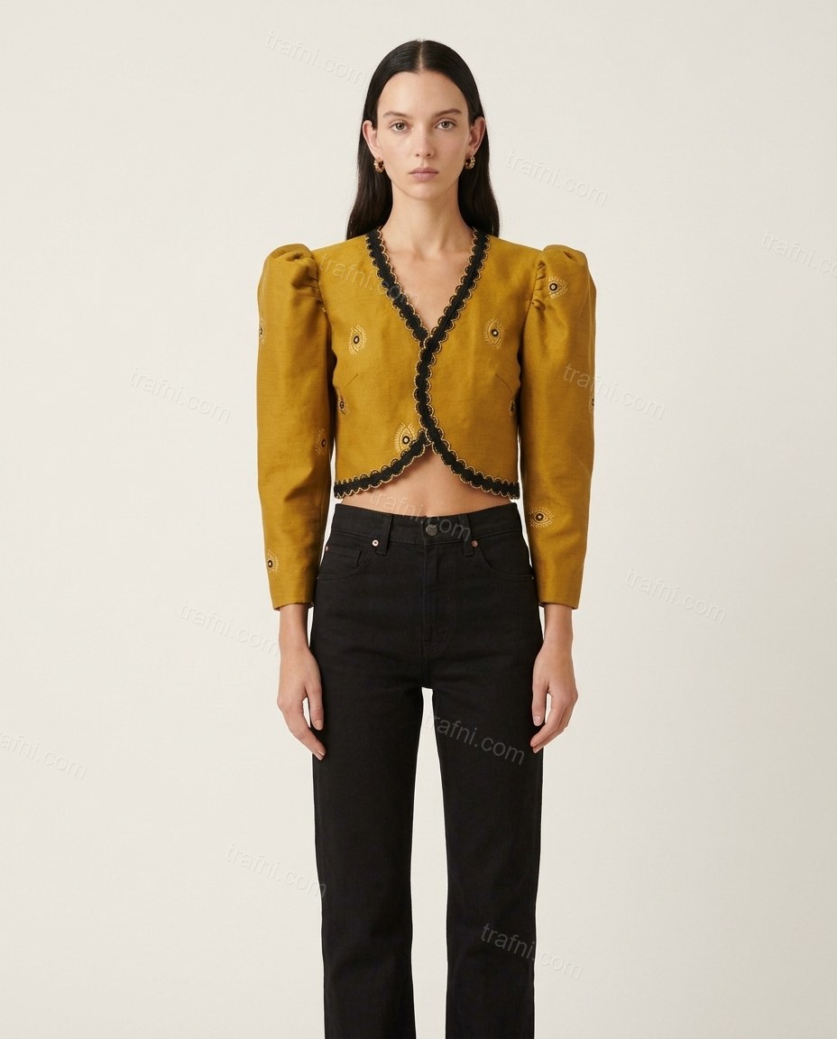 Mustard Yellow Embroidered Top, front studio view, by trafni.com