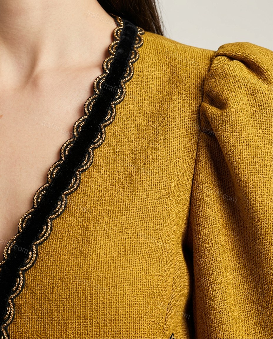 Mustard Yellow Embroidered Top, close-up of black and gold embroidery, scalloped trim and puffed shoulders, by trafni.com