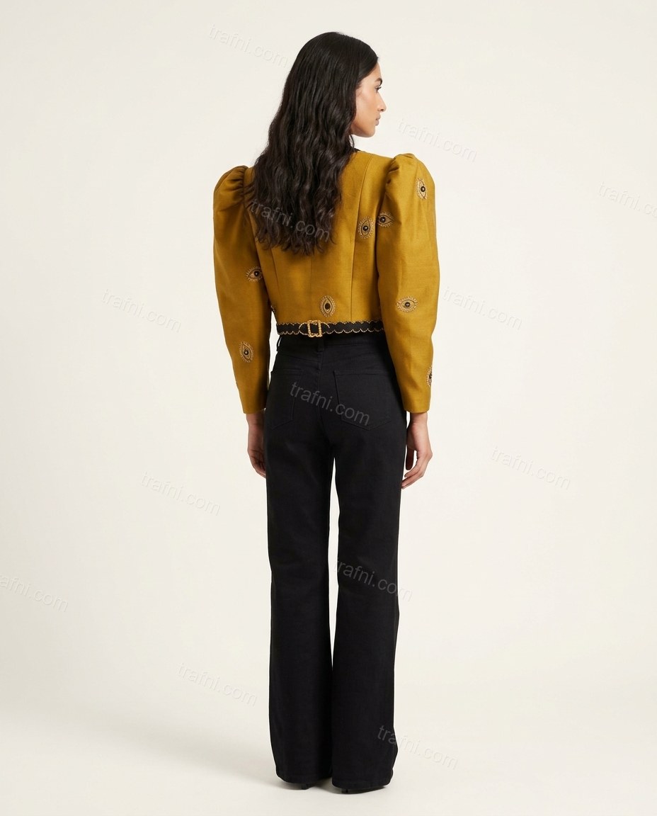 Mustard Yellow Embroidered Top, back studio view showing cropped length, scalloped hem, puff sleeves with embroidery, by trafni.com