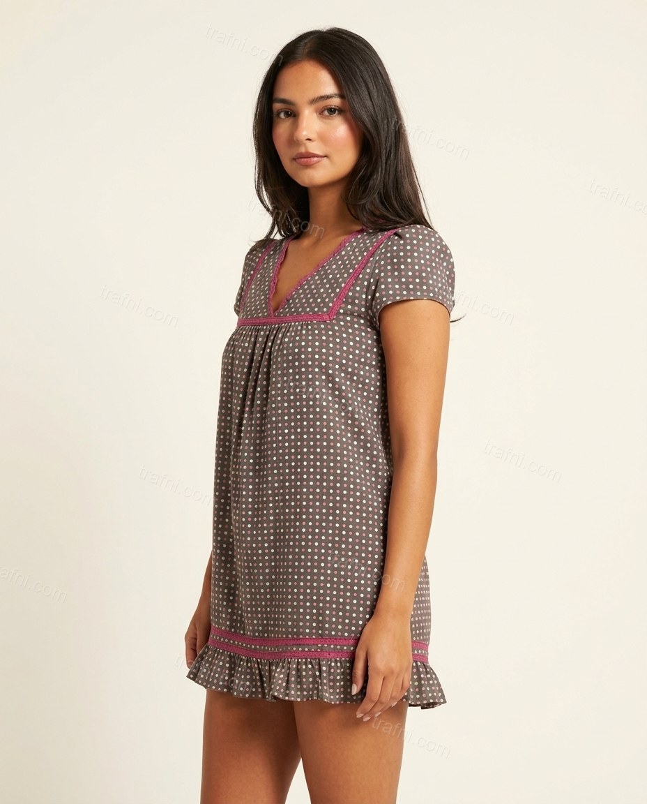 Charcoal Gray Polka Dot Mini Ruffled Dress, side and back studio view, by trafni.com