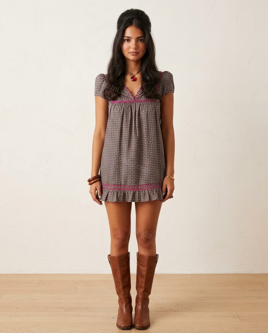 Charcoal Gray Polka Dot Mini Ruffled Dress, full-length hero view, by trafni.com