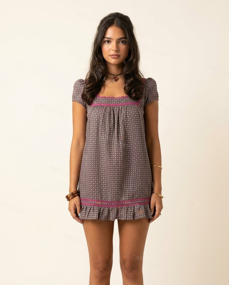 Charcoal Gray Polka Dot Mini Ruffled Dress, front studio view, by trafni.com