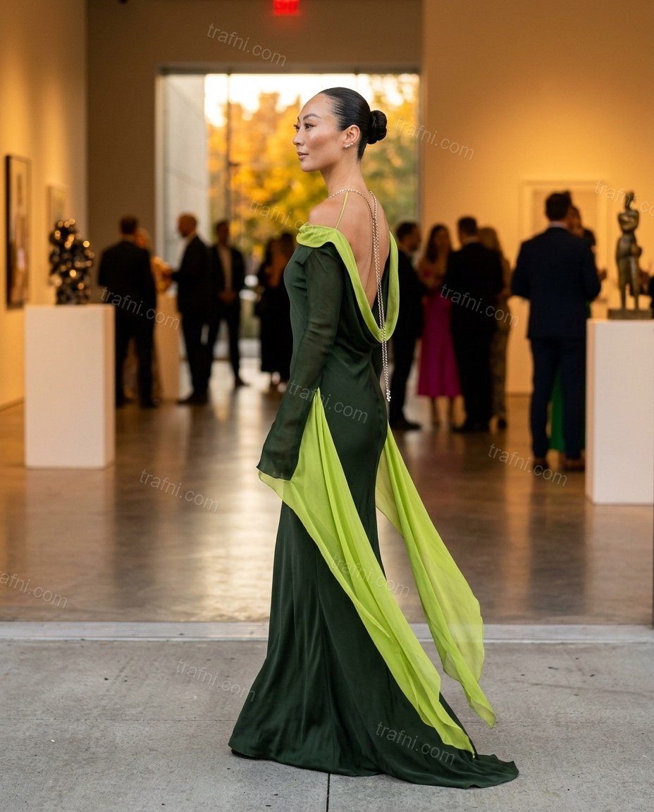 Dark Green Maxi Open-Back Cowl-Neck Dress, walking lifestyle view, by trafni.com