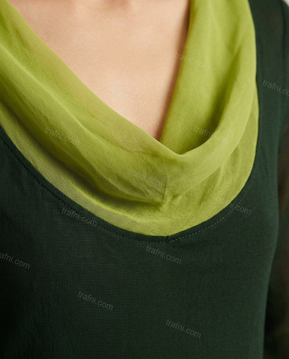 Dark Green Maxi Open-Back Cowl-Neck Dress, close-up of lime green accents, contrasting color blocking and open back, by trafni.com