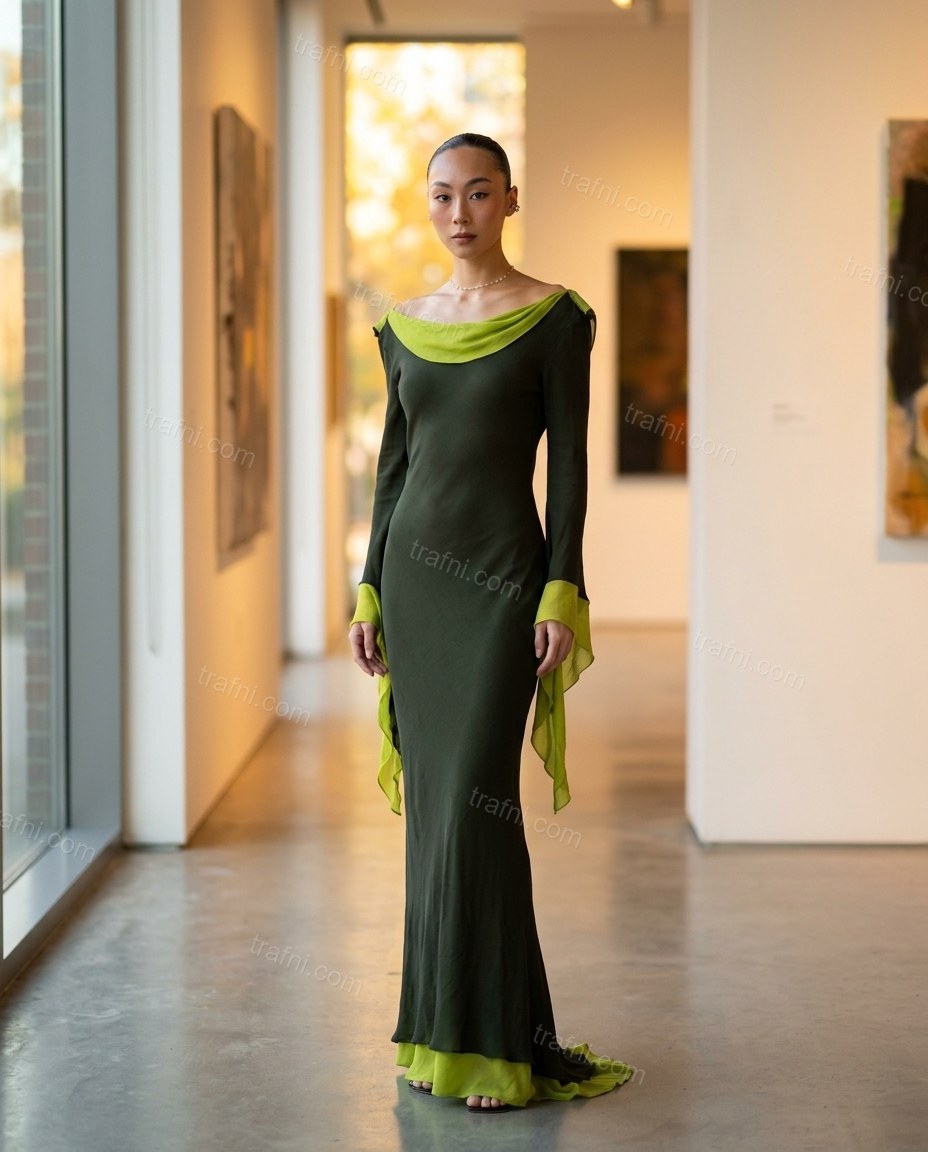 Dark Green Maxi Open-Back Cowl-Neck Dress, three-quarter brand lifestyle view, by trafni.com