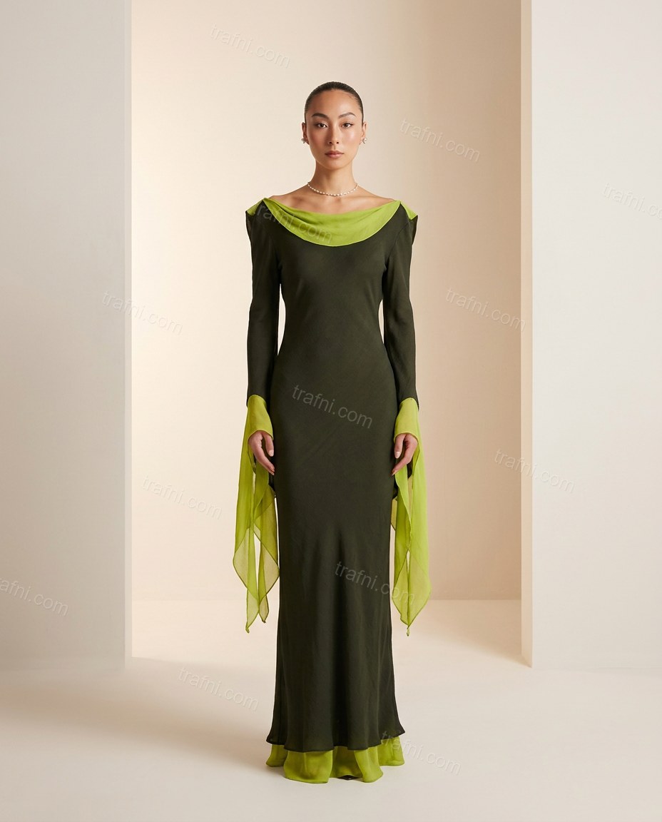 Dark Green Maxi Open-Back Cowl-Neck Dress, full-length hero view, by trafni.com