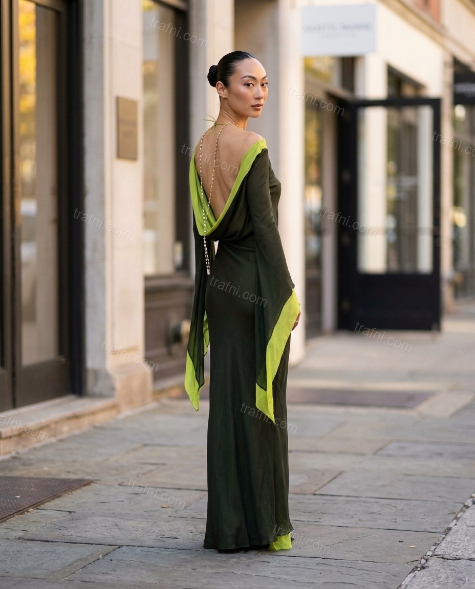 Dark Green Maxi Open-Back Cowl-Neck Dress, movement and fit lifestyle view, by trafni.com