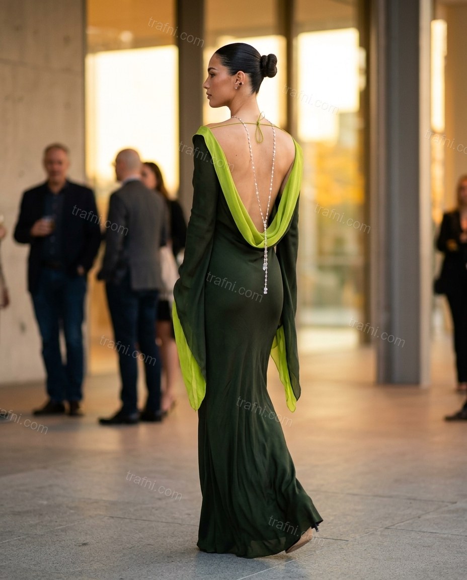 Dark Green Maxi Open-Back Cowl-Neck Dress, alternate use-case lifestyle view, by trafni.com