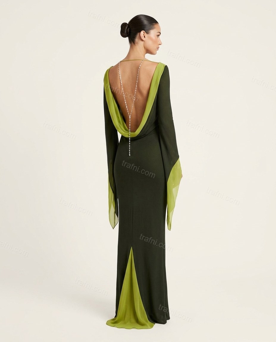 Dark Green Maxi Open-Back Cowl-Neck Dress, back studio view showing open back with chain detail, by trafni.com