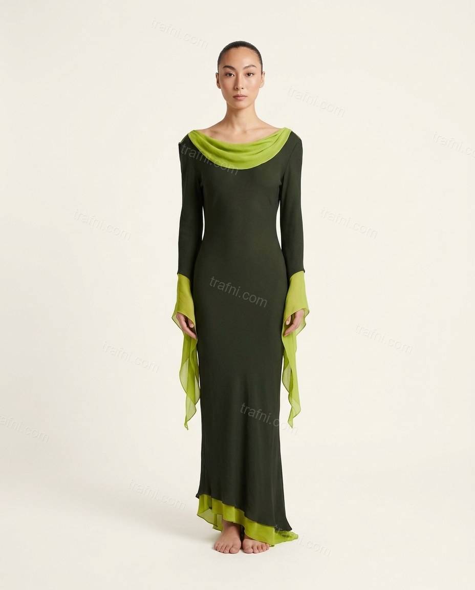Dark Green Maxi Open-Back Cowl-Neck Dress, front studio view, by trafni.com