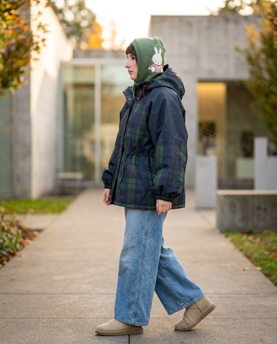 Dark Blue Plaid Jacket, walking lifestyle view, by trafni.com