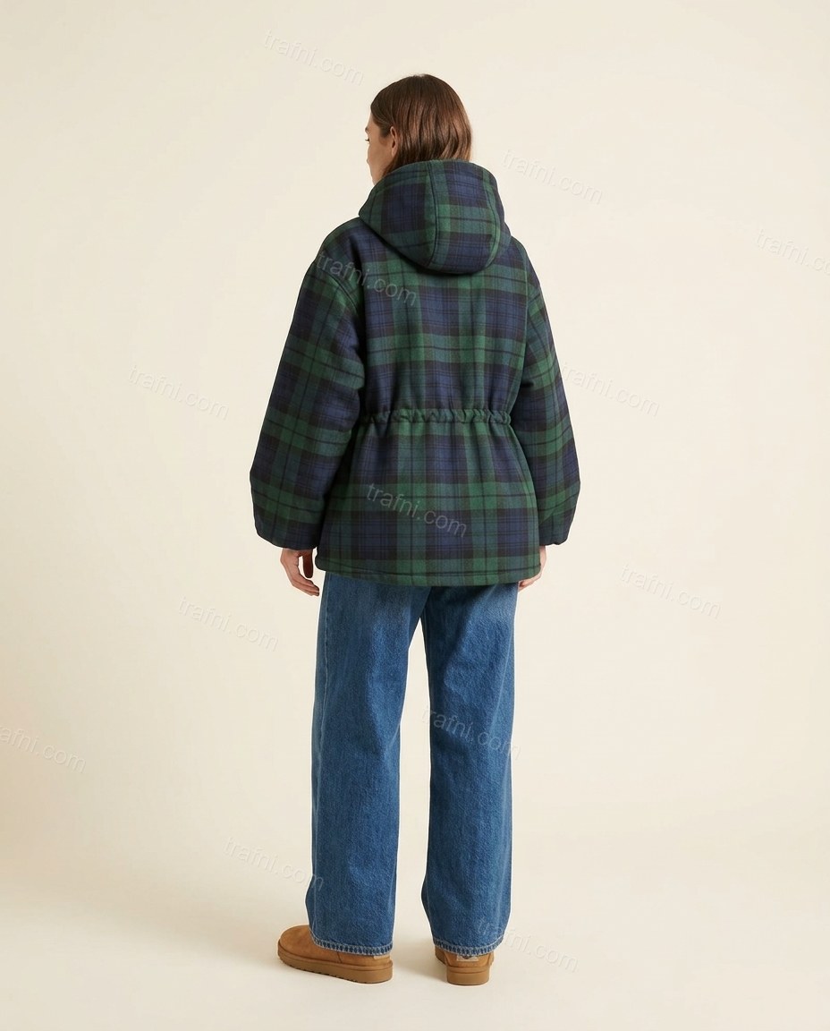 Dark Blue Plaid Jacket, back studio view showing hooded back with visible drawstring cinching at the waist, by trafni.com