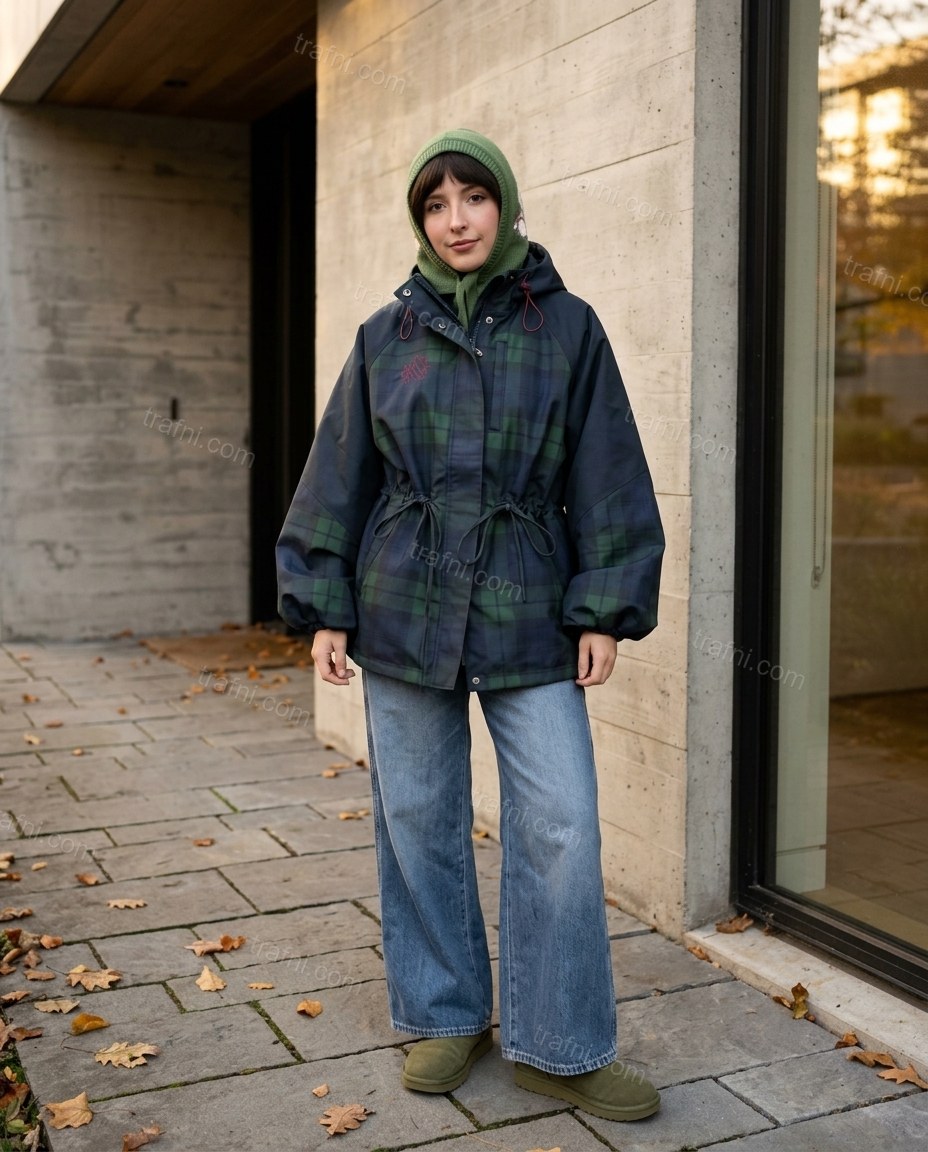 Dark Blue Plaid Jacket, full-length hero view, by trafni.com