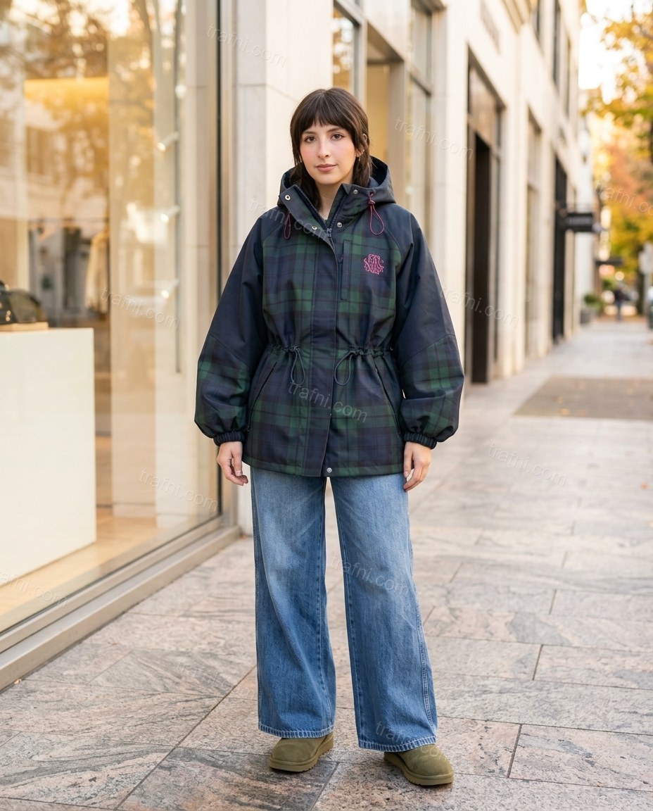 Dark Blue Plaid Jacket, three-quarter brand lifestyle view, by trafni.com
