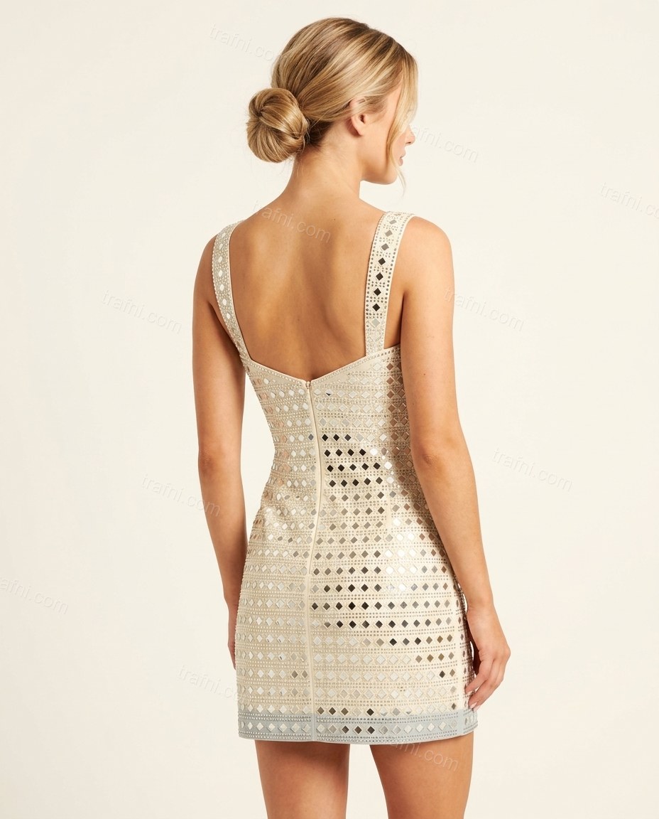 Off-white Geometric Mini Mirror-Disc Dress, back studio view, by trafni.com