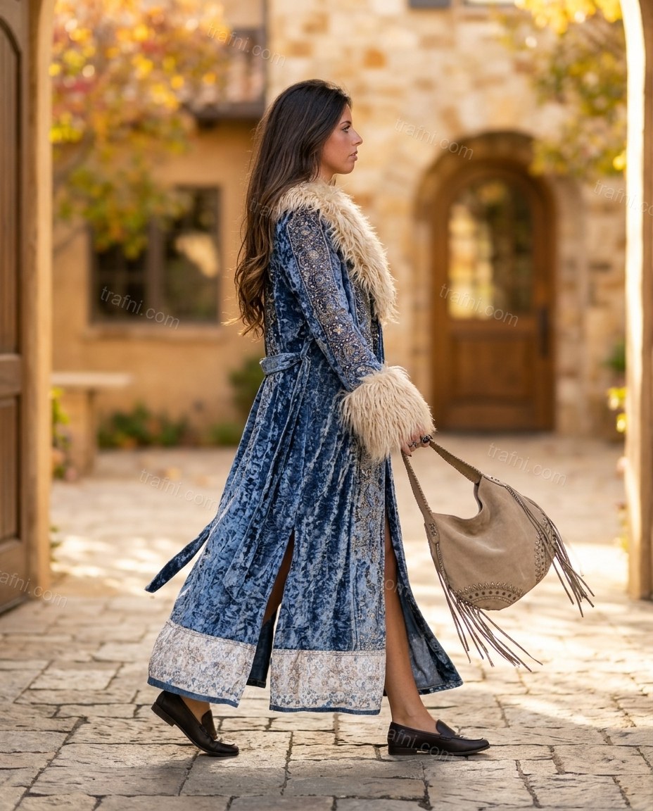 Blue Floral Faux-Fur Velvet Coat, walking lifestyle view, by trafni.com