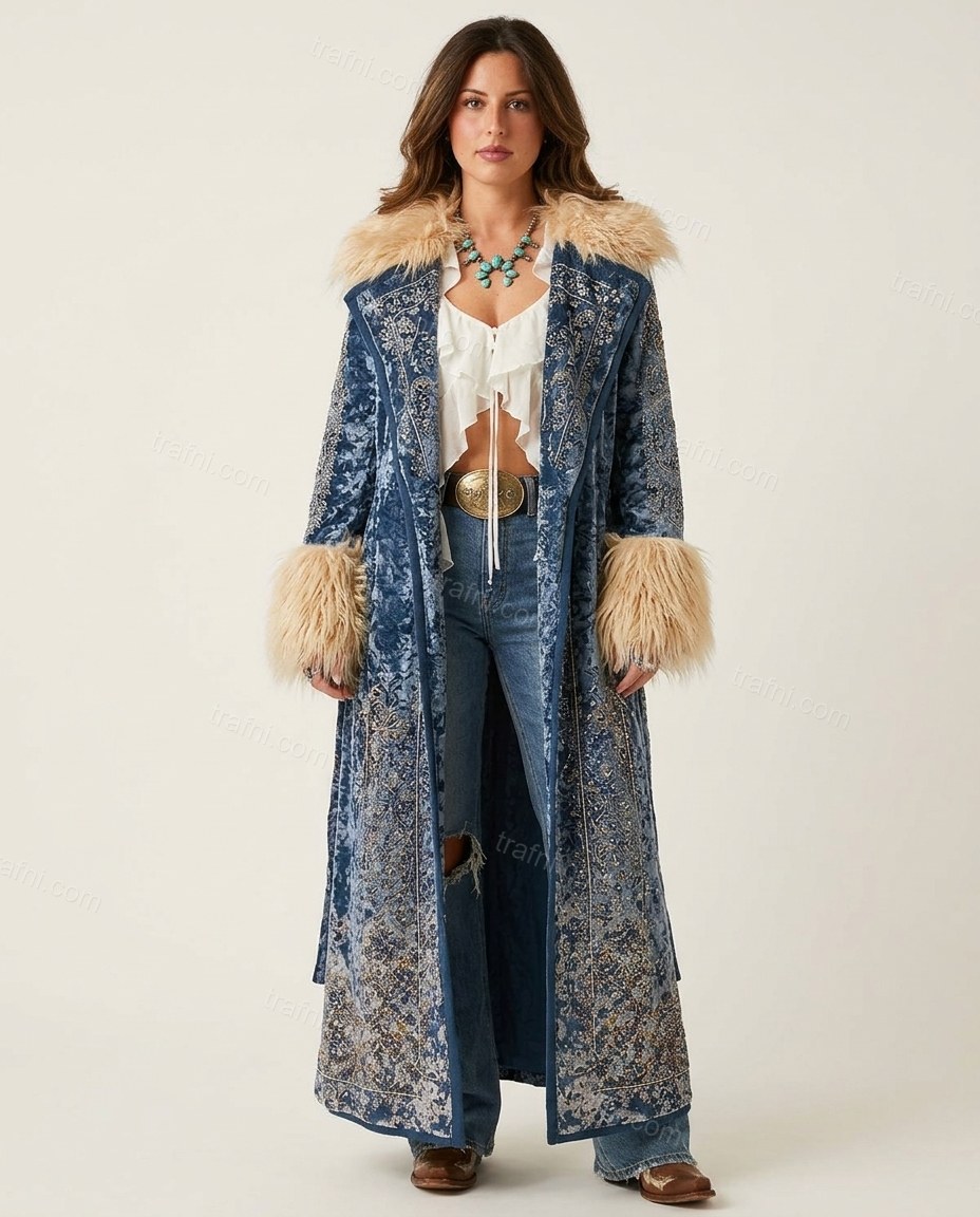 Blue Floral Faux-Fur Velvet Coat, front studio view, by trafni.com