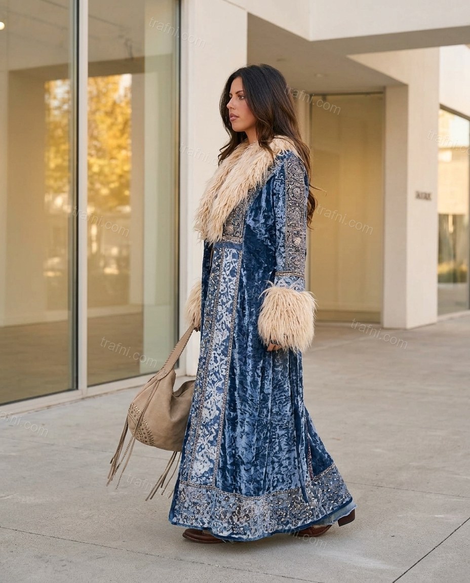 Blue Floral Faux-Fur Velvet Coat, three-quarter brand lifestyle view, by trafni.com
