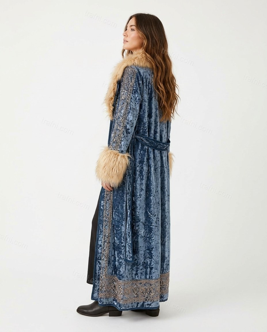 Blue Floral Faux-Fur Velvet Coat, back studio view, by trafni.com