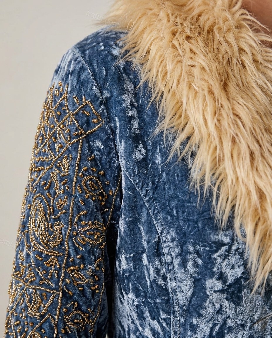 Blue Floral Faux-Fur Velvet Coat, close-up of floral, by trafni.com