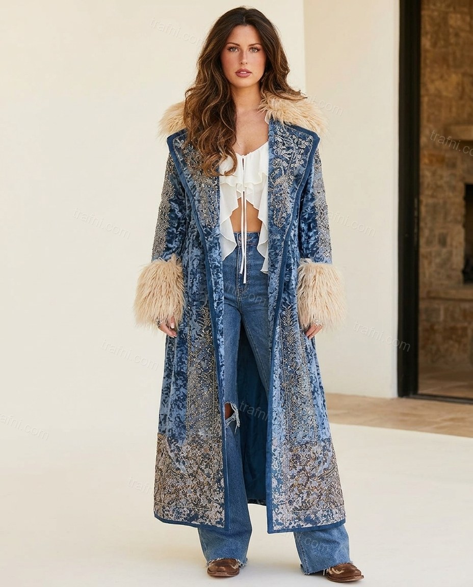 Blue Floral Faux-Fur Velvet Coat, full-length hero view, by trafni.com