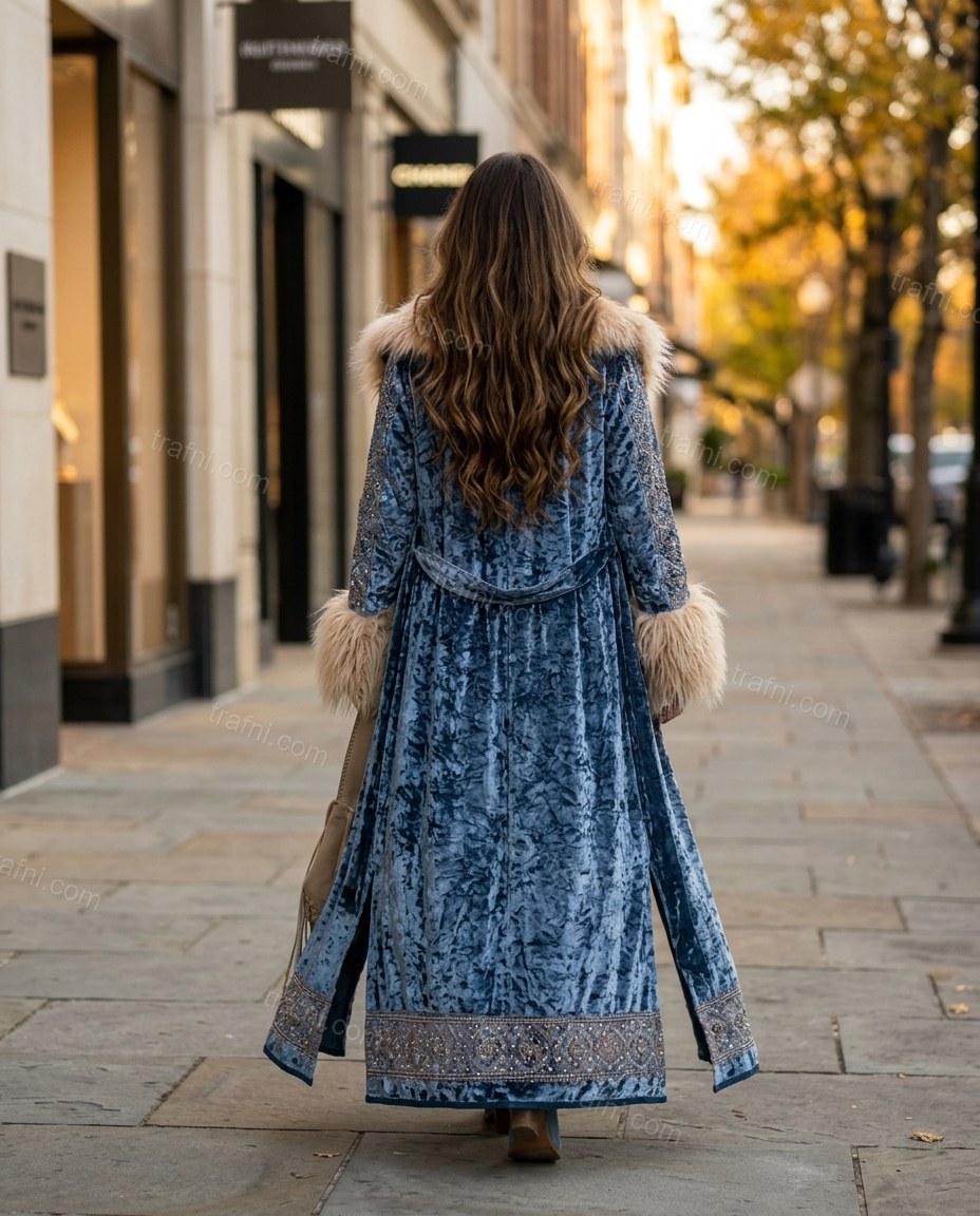 Blue Floral Faux-Fur Velvet Coat, movement and fit lifestyle view, by trafni.com