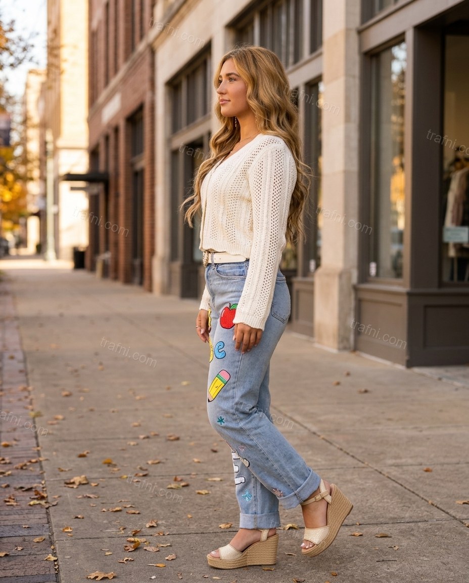 Light Blue Denim Ribbed Cardigan & Pants Set, walking lifestyle view, by trafni.com