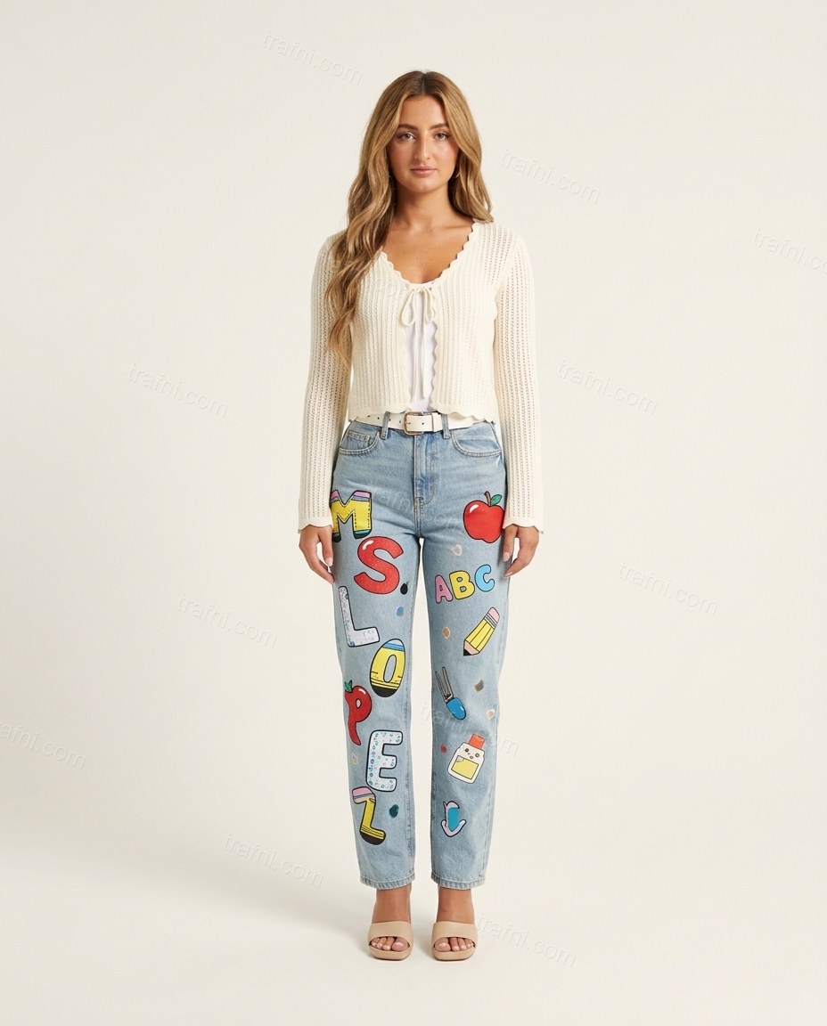 Light Blue Denim Ribbed Cardigan & Pants Set, front studio view, by trafni.com