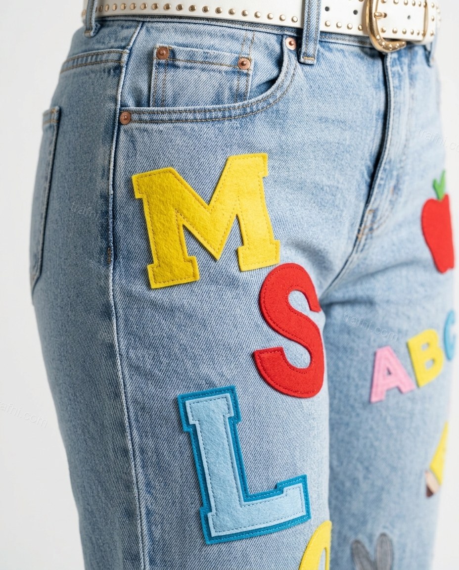 Light Blue Denim Ribbed Cardigan & Pants Set, close-up of red and yellow accents, belt loops and front pockets, by trafni.com