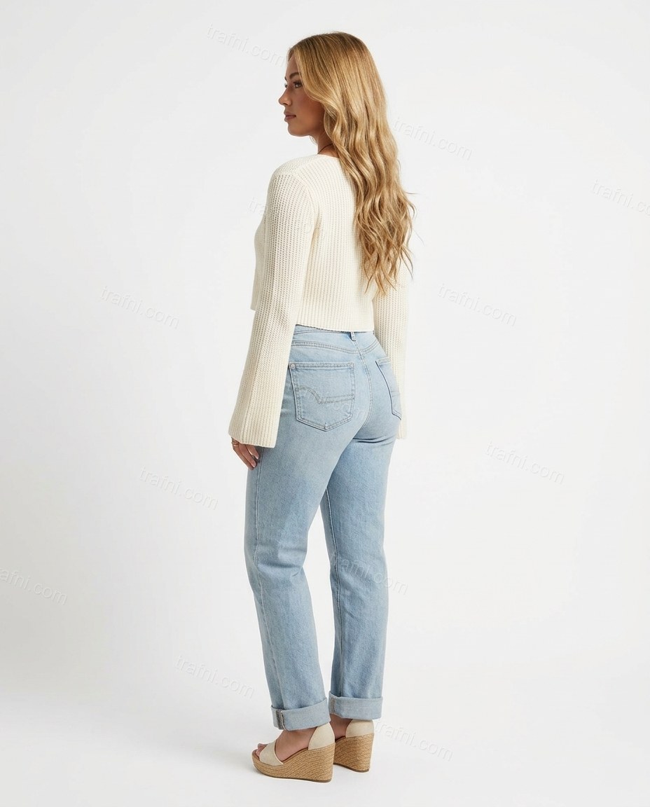 Light Blue Denim Ribbed Cardigan & Pants Set, back studio view, by trafni.com